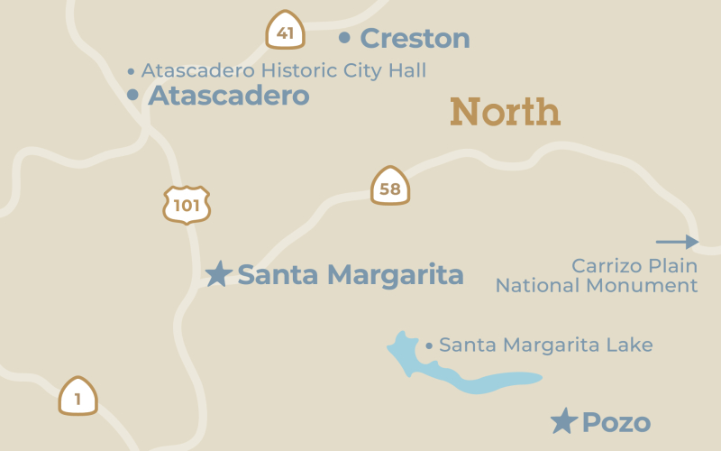 Close up map of the Santa Margarita and Pozo region in San Luis Obispo County, California