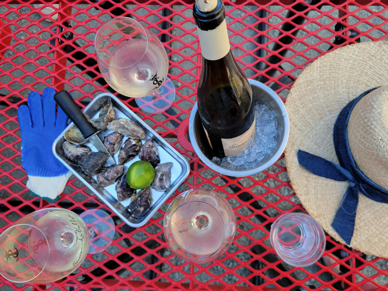 Bottle of wine and oysters on a picnic table
