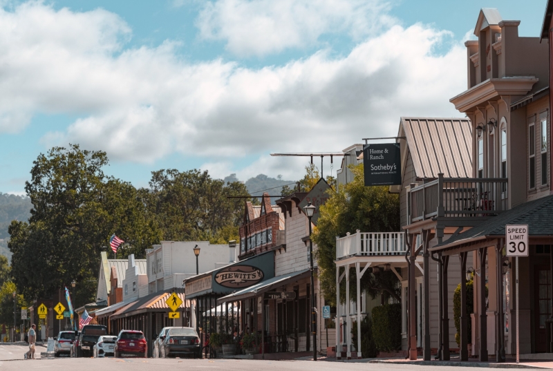 Image of main street in Templeton. A collection of businesses along one long strip.