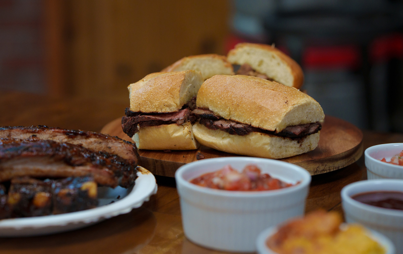 BBQ spread with ribs and sandwiches