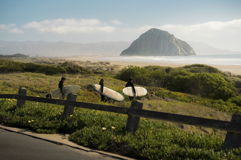 Four surfers carrying boards to the beach with Morro Rock in the background