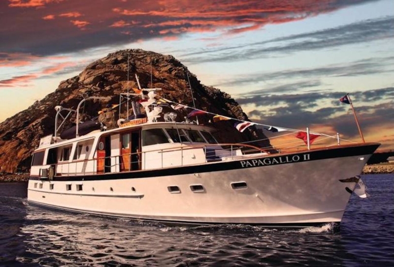 Onboard Nautical Events Papagallo II boat at sunset with view of Morro Rock