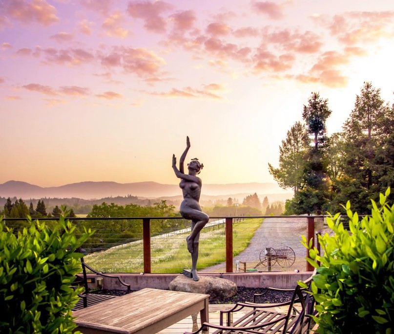 Estate Patio Vineyard View with Statue at Healdsburg Winery in Sonoma