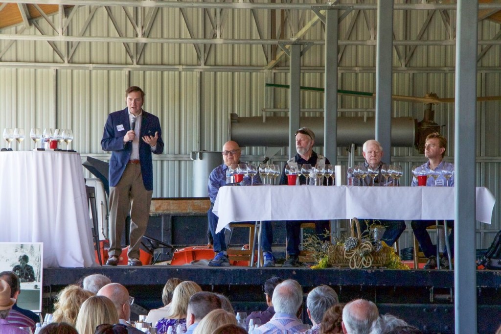 Paris Tasting 40th Anniversary Event - Somm to the Stars Chris Sawyer moderates a panel of elite wine professionals in the 40th Anniversary of the Paris Tasting event at Bacigalupi Vineyards, April 2016