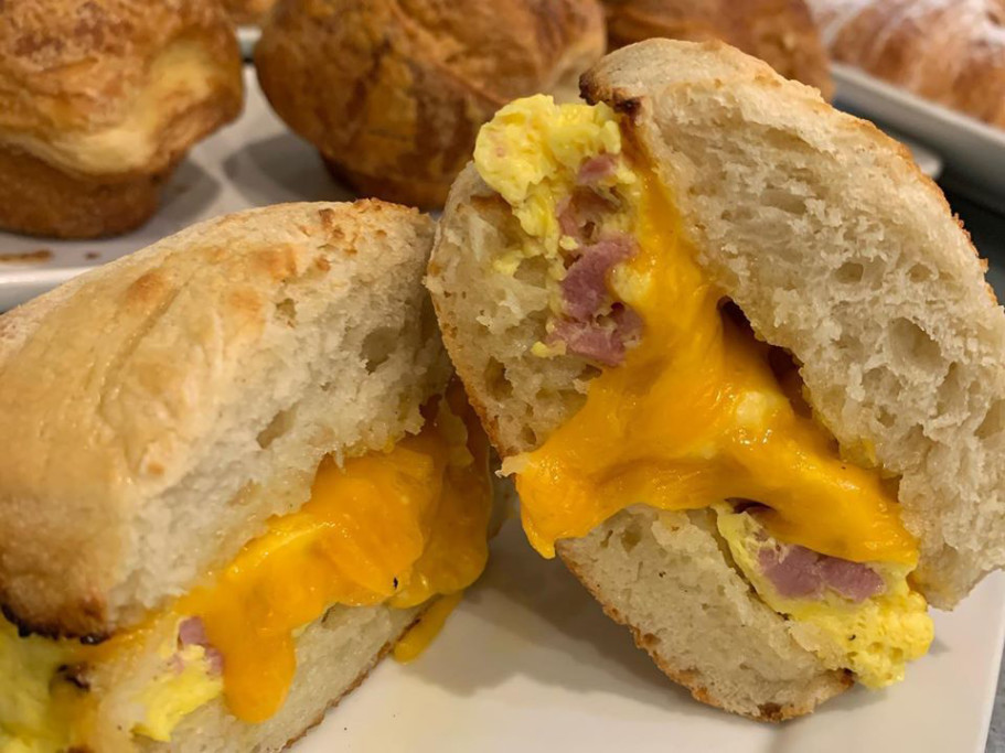 Bacon, Egg and Cheddar on a toasted, buttered ciabatta!