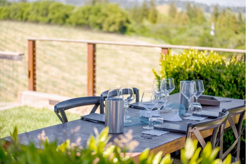 Private Sonoma Wine Tasting Table Overlooking Estate Vineyards in Dry Creek Valley