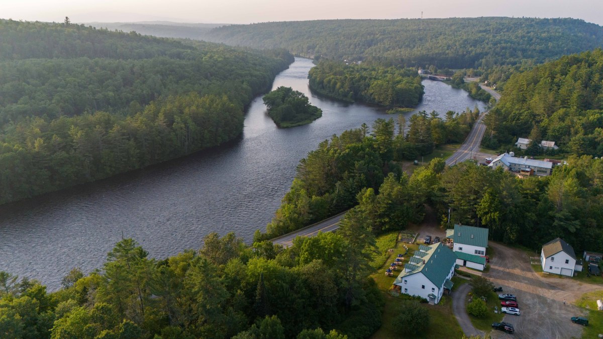 Drone shot from above of the Dead and Kennebec Rivers meeting