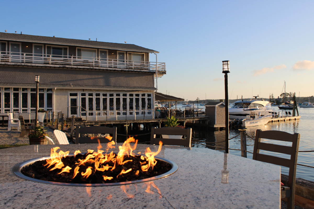 Boothbay Harbor Inn firepit overlooking the harbor.