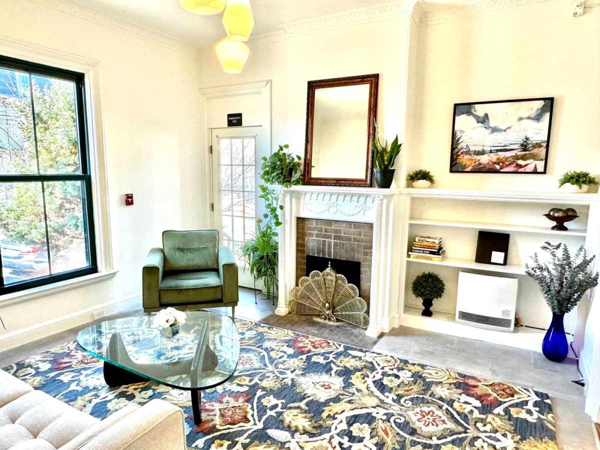 Fireplace sitting room at The Morrill Mansion