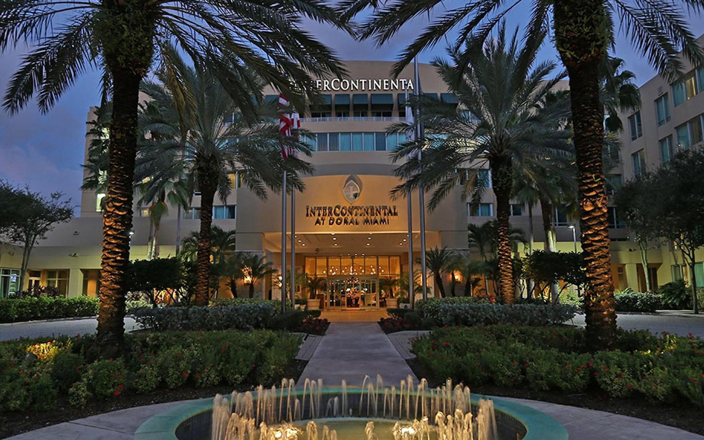 Front view of InterContinental at Doral Miami at sundown