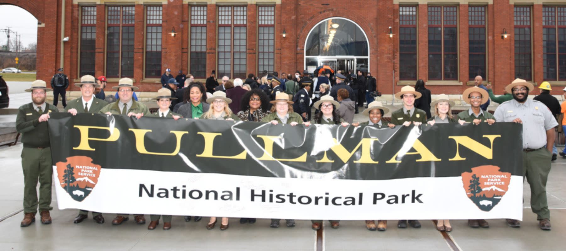 Pullman rangers in front of the clocktower/Visitors Center