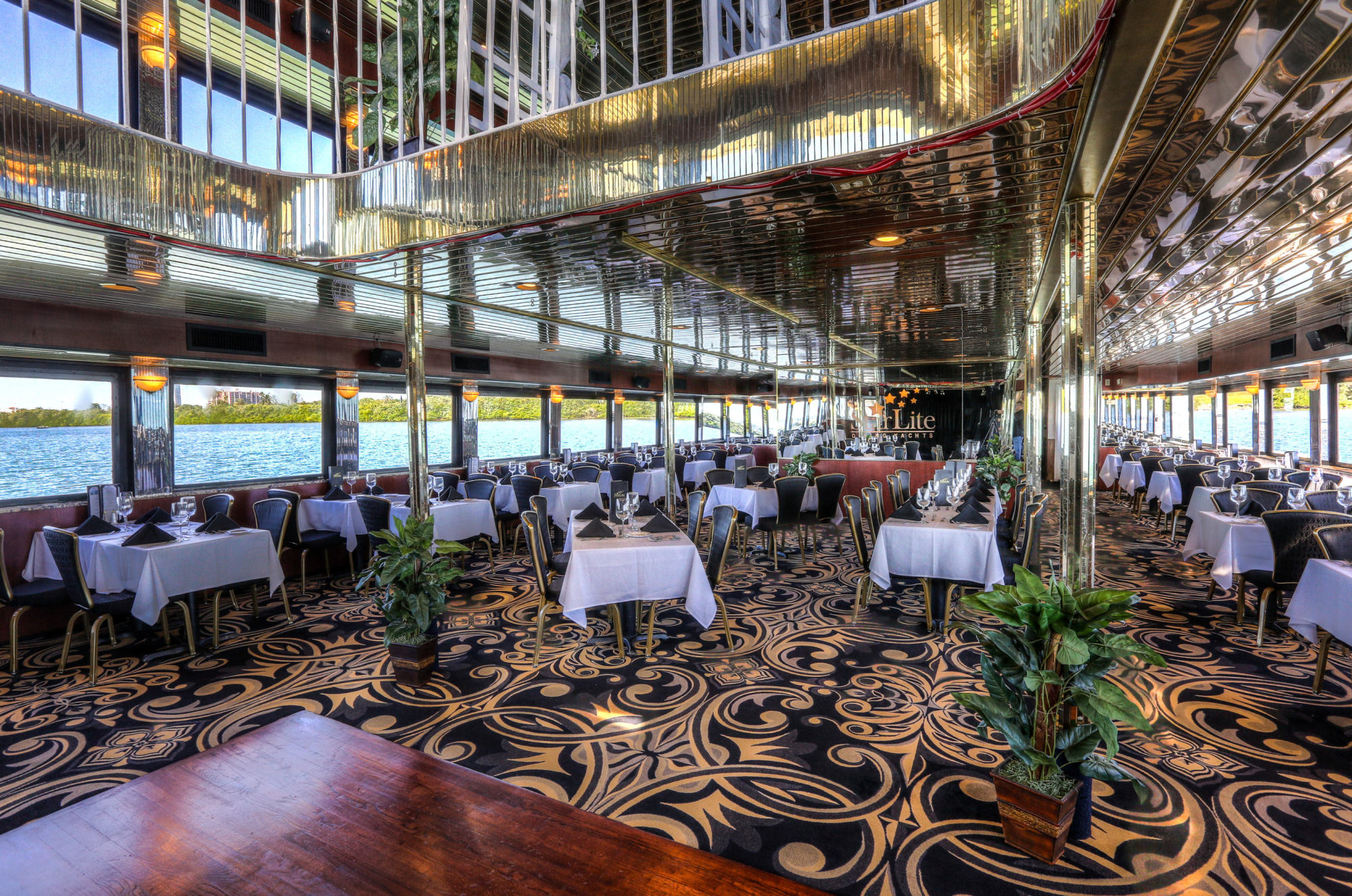 A plush, comfortable dining area with large picture windows features