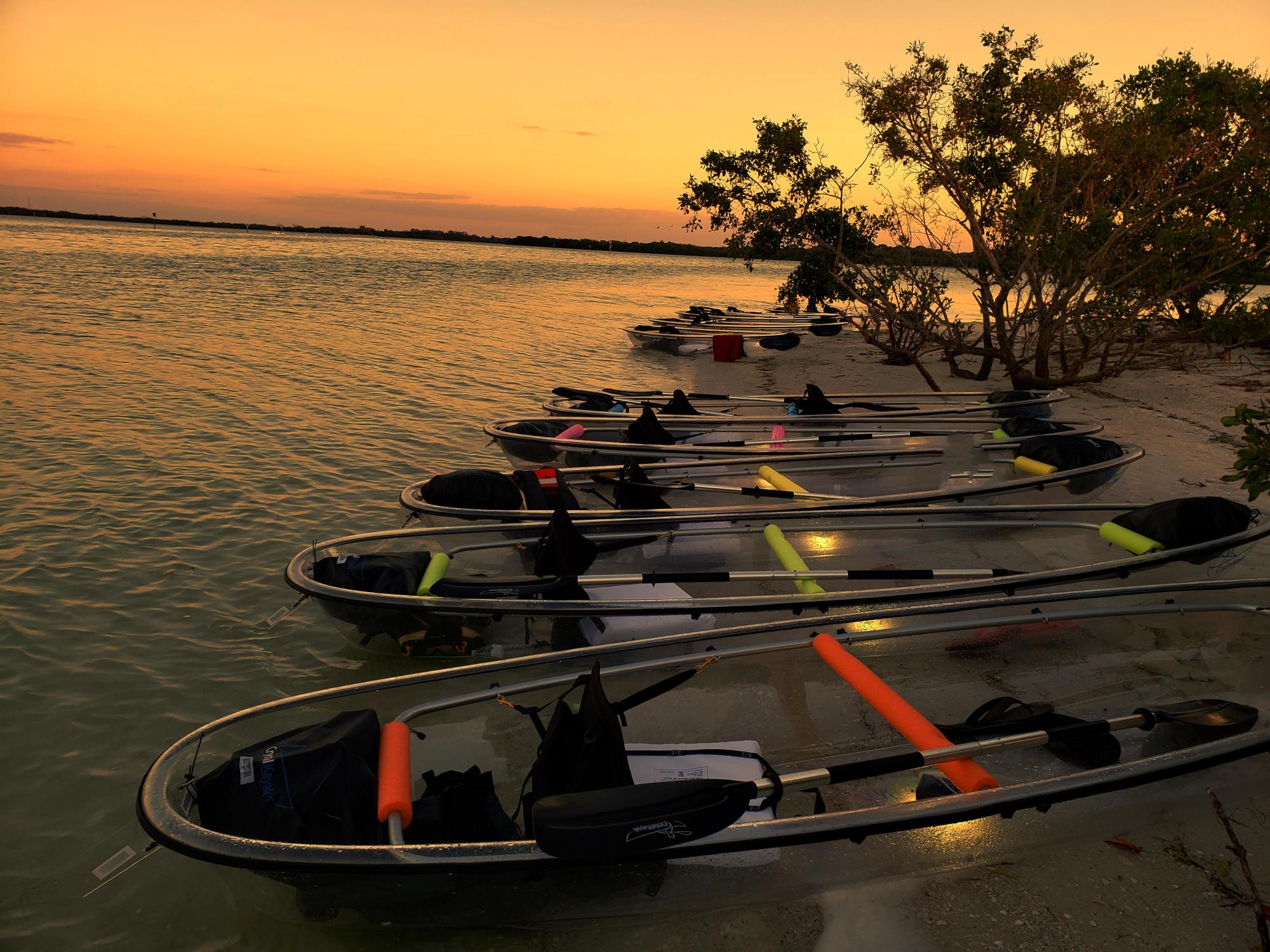 Our clear kayaks at Shell Key island for the sunset tour.
