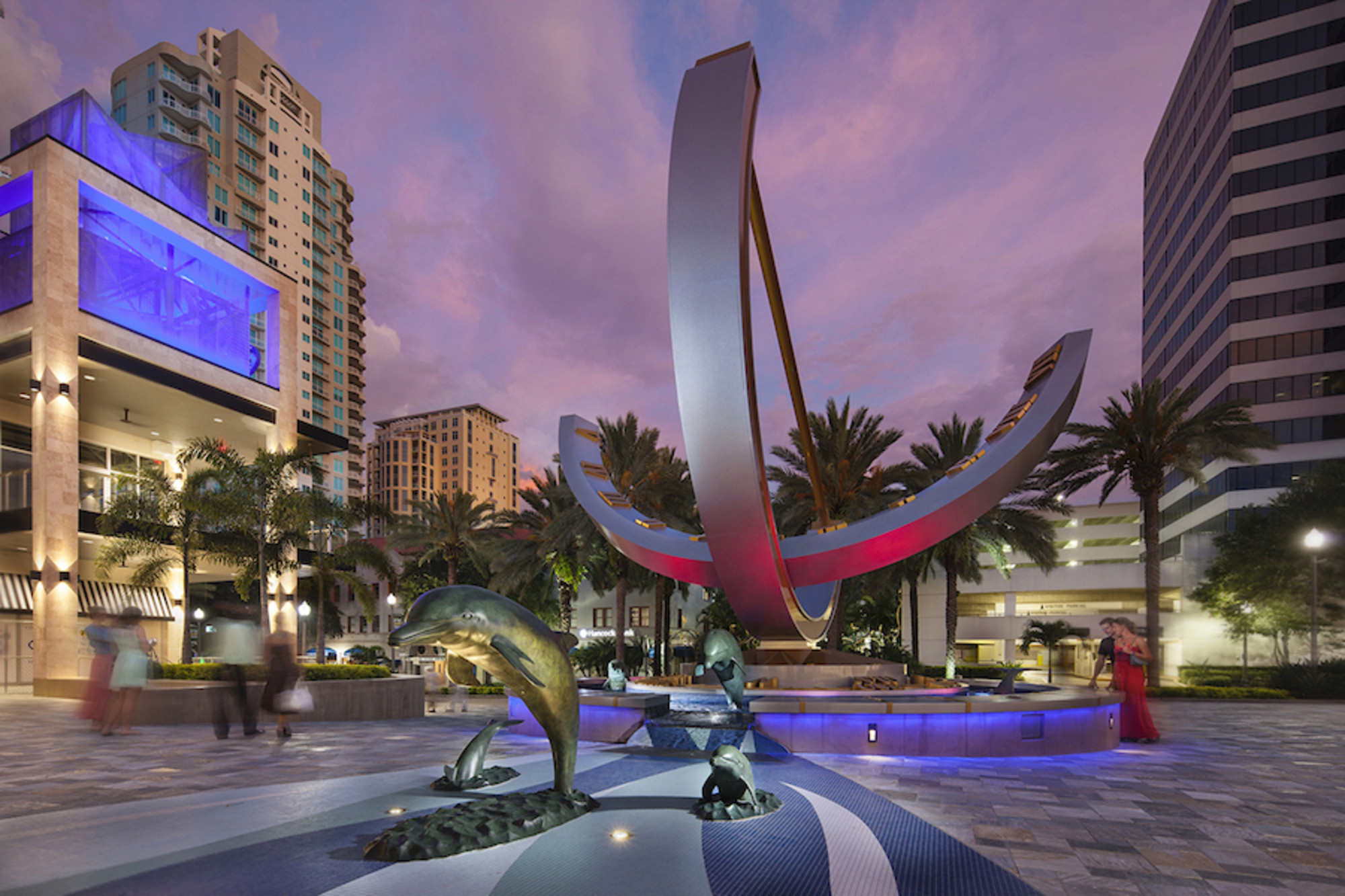 Six cast bronze dolphins grace the fountain around Downtown St. Petersburg's iconic sundial