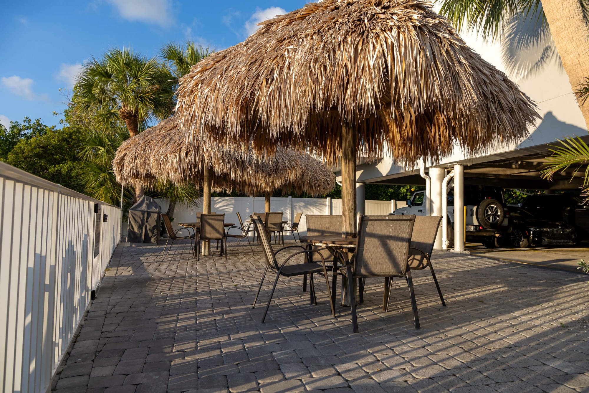 Outdoor tiki hut seating