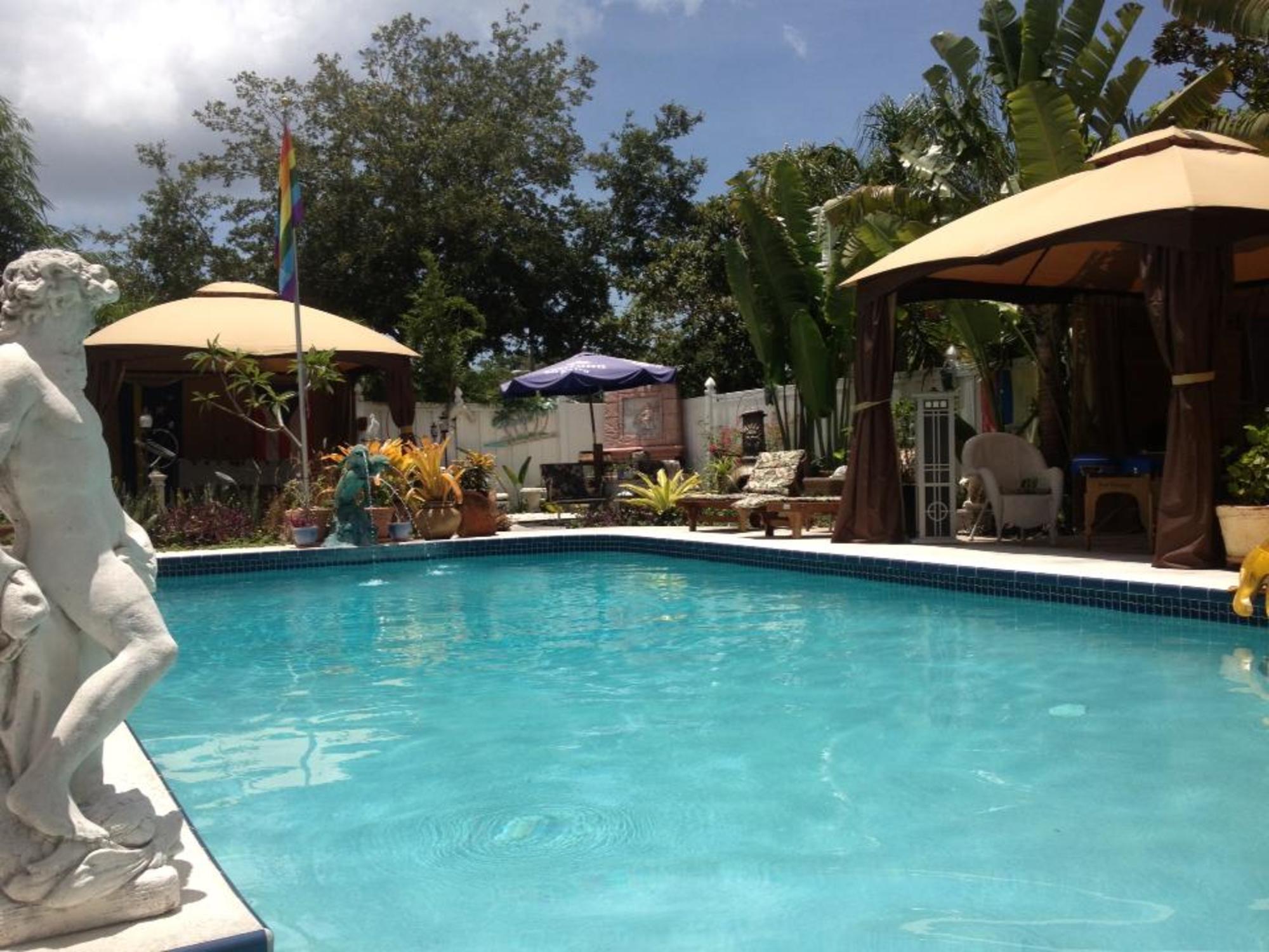 Heated pool in tropical clothing optional pool area.