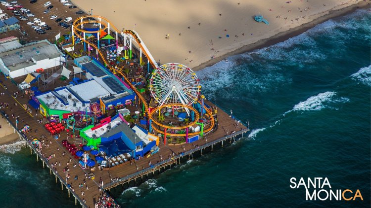 Aerial of Pacific Park on the Santa Monica Pier