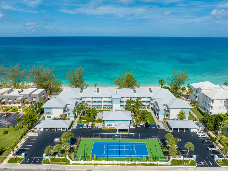 Overhead view of resort and beach