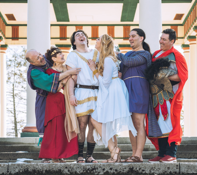                         "A Funny Thing Happened on the Way to the Forum"

Courtesy Photos of FORUM Cast (L-R) Robert Yarnall, Andrea Buergers, Ethan Maslyn, Emma Hempel, Glen Morrice, Philip Corso by Louise Vilardi Photography
                        