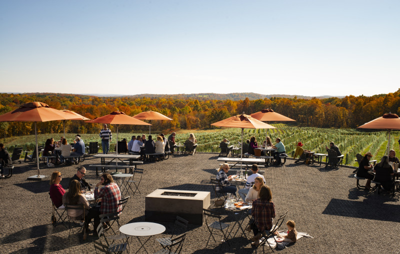                         A crowded patio overlooks the local fall foliage and vineyards
                        
