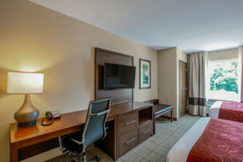                         A view of the inside of a room at Comfort Suites with two beds, a desk, a chair, a lamp and a television mounted on the wall.
                        