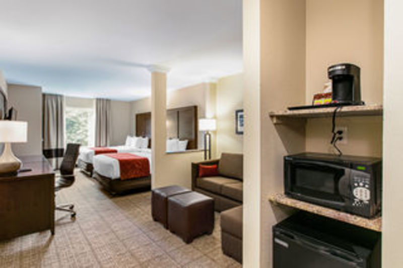                         A view of the inside of one of the rooms at Comfort Suites with a mini refrigerator, microwave oven, coffee pot, couch, desk, lamp, chair and bed.
                        