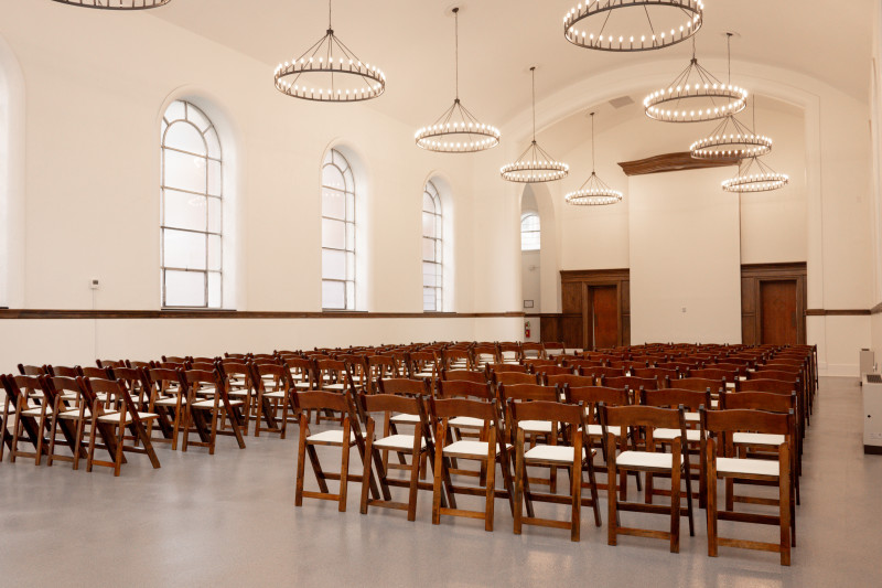                         The interior with seats arranged at The Chapel at Carnwath Farms Historic Site & Park in Wappingers Falls. Photo by Zoe Golden-Johnson.
                        
