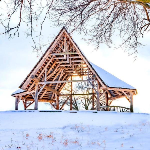                         Wooden Pavilion covered in snow at Poet's Walk PArk.
                        