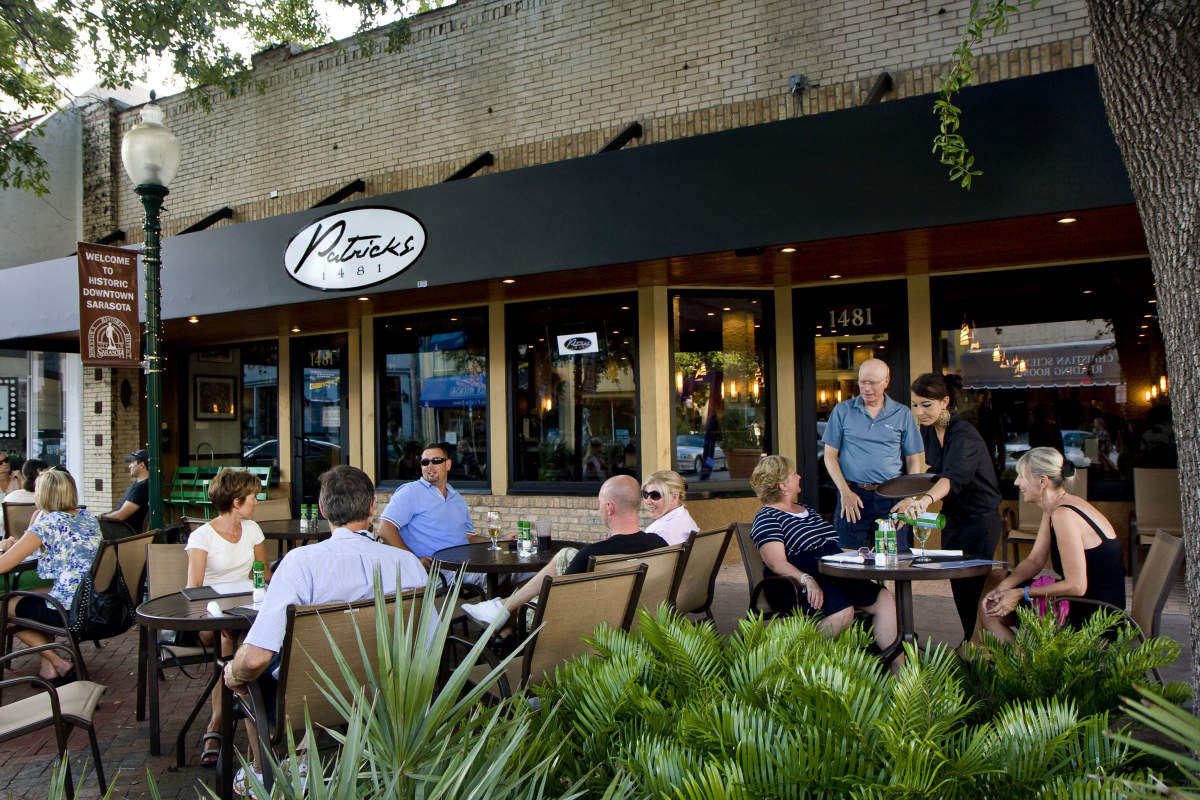 Patrick's 1481 sidewalk patio on Main Street in historic downtown Sarasota.