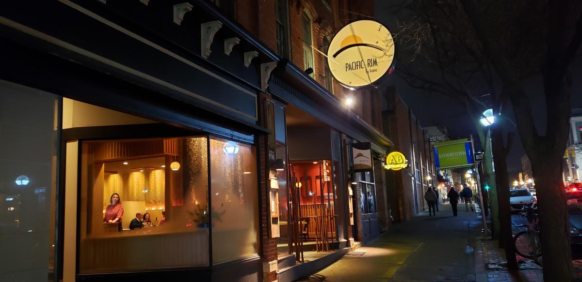 Night exterior of Pacific Rim by Kana on West Liberty Street in Ann Arbor