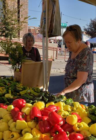 Women buying red and yellow peppers