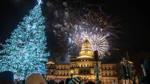 Fireworks exploding over the State Capitol Building with the state tree lit in the foreground.