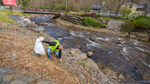 Trash being picked up along a creek