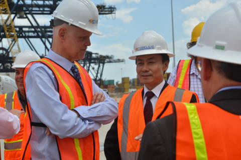 Port Everglades Chief Executive Steven Cernak and ZPMC Chaiman Zhu Lianyu and inspect the progress of improvements to the crane rail infrastructure that is already underway on the Southport docks.