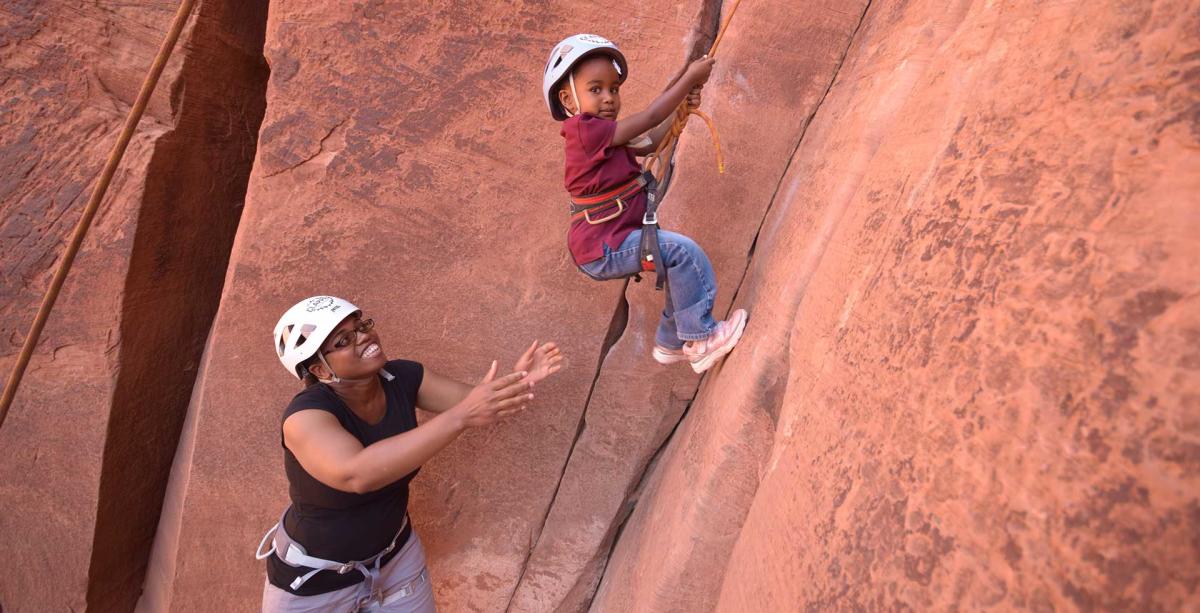 Moab climbing on desert sandstone walls near the Colorado Plateau