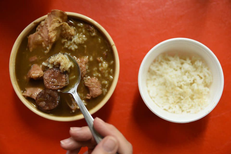 Gumbeaux: Gumbo and bisque fusion with harmonious flavors.