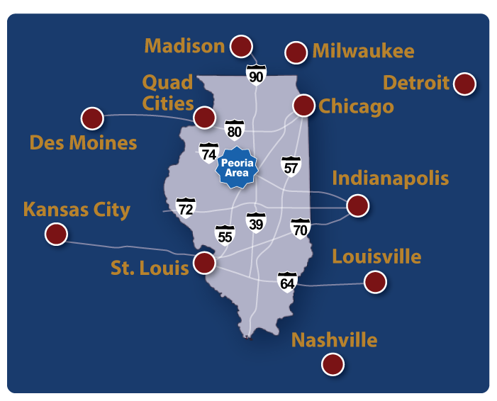 Peoria Il On Map Peoria Area Convention And Visitors Bureau - Planners - Maps & Mileage