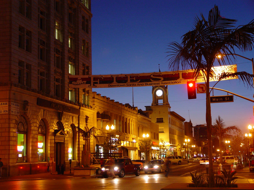 Downtown Santa Ana street with historic buildings