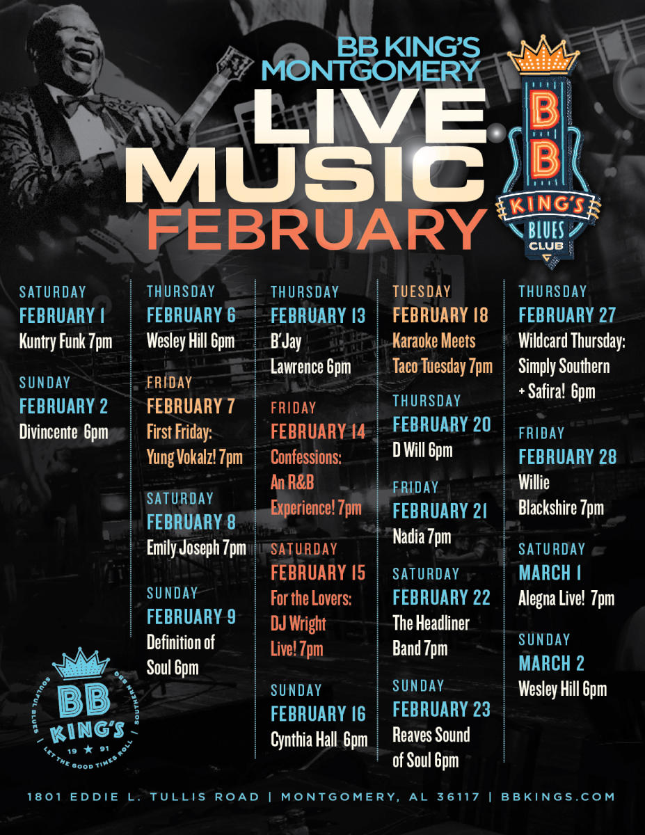 BB King's Blues Club February Calendar Montgomery, AL