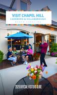 Cover photo of the Chapel Hill/Orange County 2026 Official Visitors Guide showing a Trumpeter and people dining outside