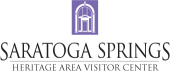 Saratoga Springs Heritage Area Visitor Center logo in black and purple with artistic icon of beau arts architecture entryway