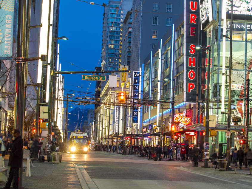 Canada, BC, Vancouver Robson Street at night. World famous