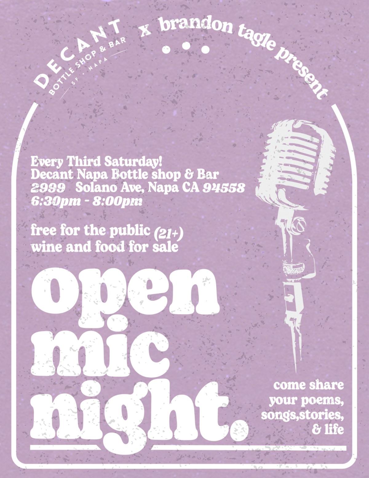 Soul Saturday: Open Mic Night with Brandon Tagle @ DECANT Napa at DECANT  Bottle Shop & Wine Bar | Napa, CA