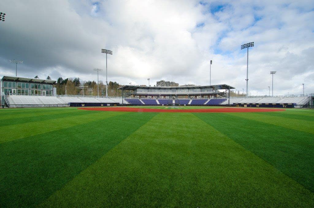 An aerial view of the Husky Ballpark on the campus of the