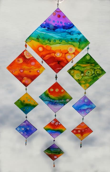 Alcohol Ink Diamond Suncatcher, Orange and Gold, Stained Glass