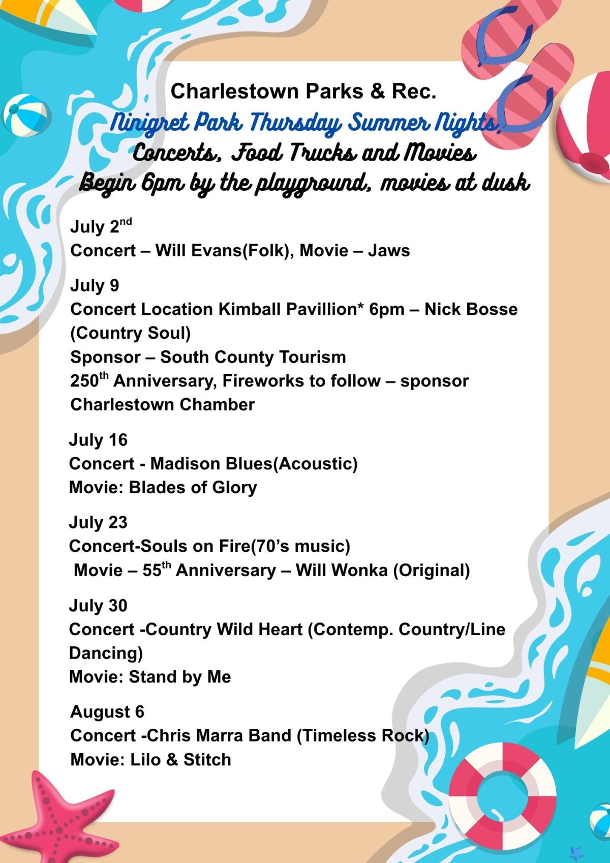 Image of dates, times and info on movie nights, picture is nautical with beach scene