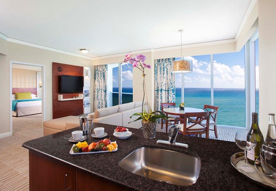 One and two bedroom suites include fully equipped kitchens.
