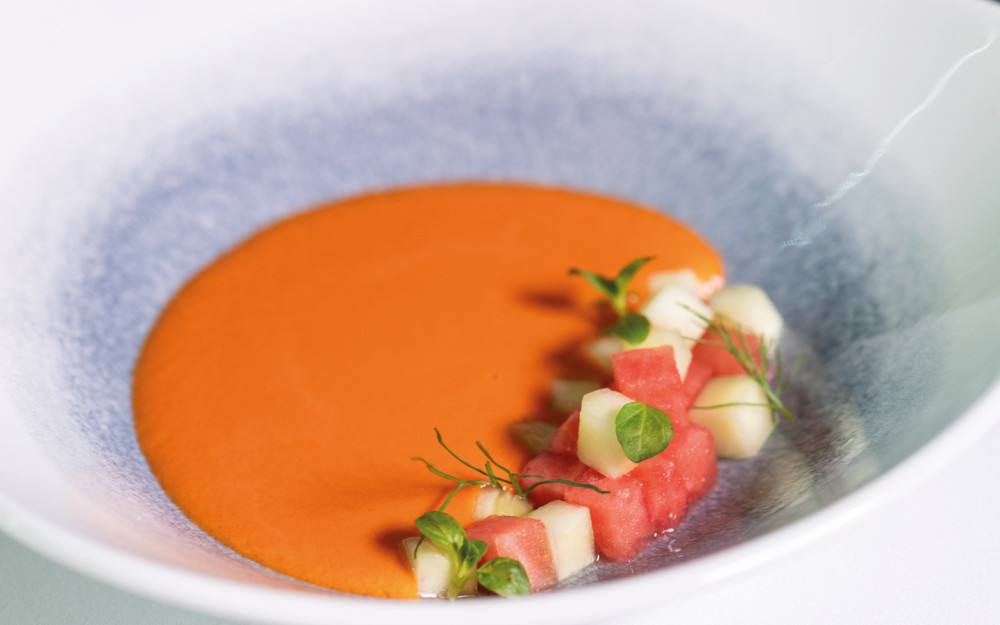 Andalusian gazpacho jar with watermelon and cucumber.