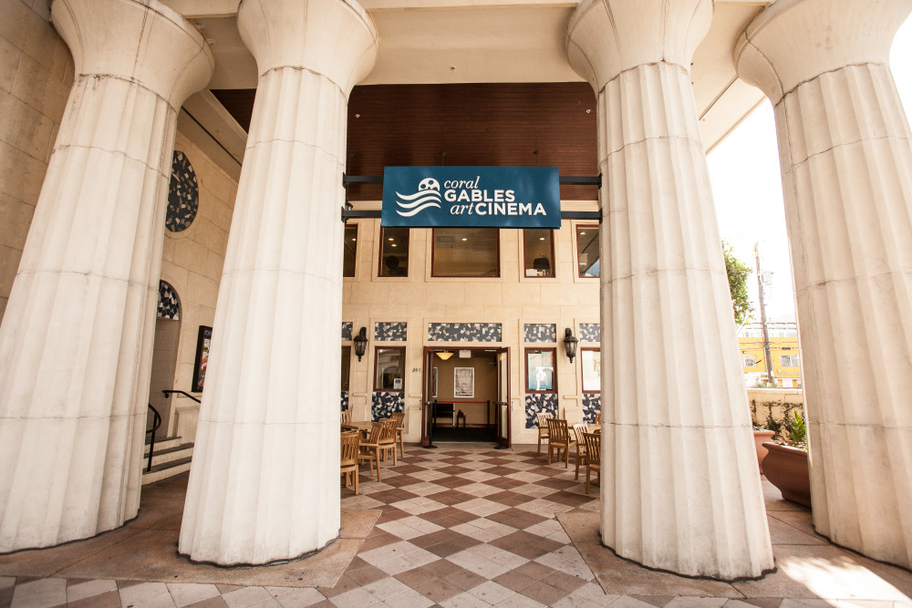 The exterior and main entrance of the Coral Gables Art Cinema.
