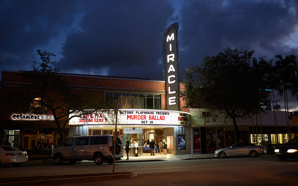 Actors' Playhouse at the Miracle Theatre at night.